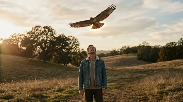 Create a high-quality, relevant to the subject, nostalgic and spiritual image for spiritual meaning of a hawk flying over you